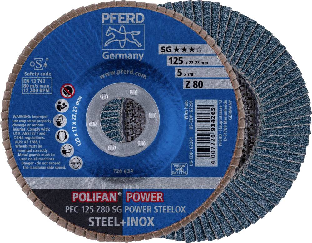 'POLIFAN POWER' Schleifscheibe von PFERD Germany, Modell PFC 125 Z80 SG STEELOX. Für Stahl und Edelstahl, 125mm Durchmesser.