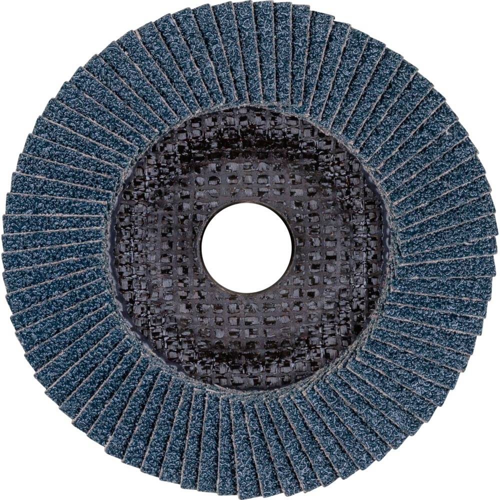 Blaues Fächerschleifrad mit körniger Oberfläche, kreisförmig angeordneten Lamellen und zentraler Öffnung. Verwendet zum Schleifen.