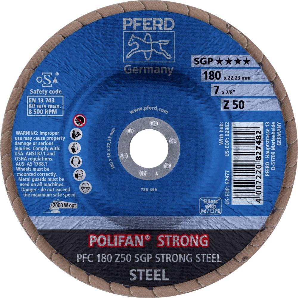 Schleifscheibe mit blauer Mitte und braunem Rand, Marke 'PFERD', Modell 'Polifan Strong', für starken Stahl, Durchmesser 180 mm, maximale Drehzahl 8500 U/min.