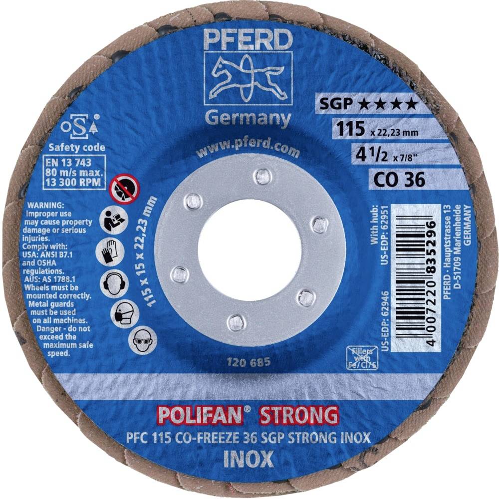 PFERD 67789015PFC 115 CO-FREEZE 36 SGP STRONG INOX Fächerschleifscheibe Durchmesser 115mm Bohrungs-Ø 22.23mm Kobaltbasislegierung