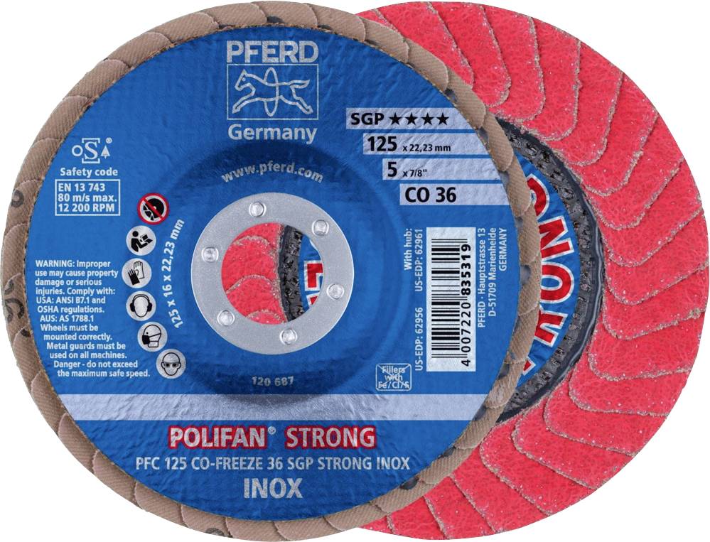 Schleifscheibe mit rotem Rand und blauer Mitte. Aufdrucke: 'PFERD', 'Germany', 'INOX', und Spezifikationen wie Durchmesser 125 mm.