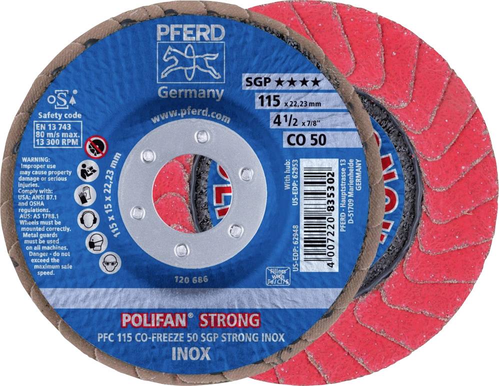 PFERD 67789115PFC 115 CO-FREEZE 50 SGP STRONG INOX Fächerschleifscheibe Durchmesser 115mm Bohrungs-Ø 22.23mm Kobaltbasislegierung