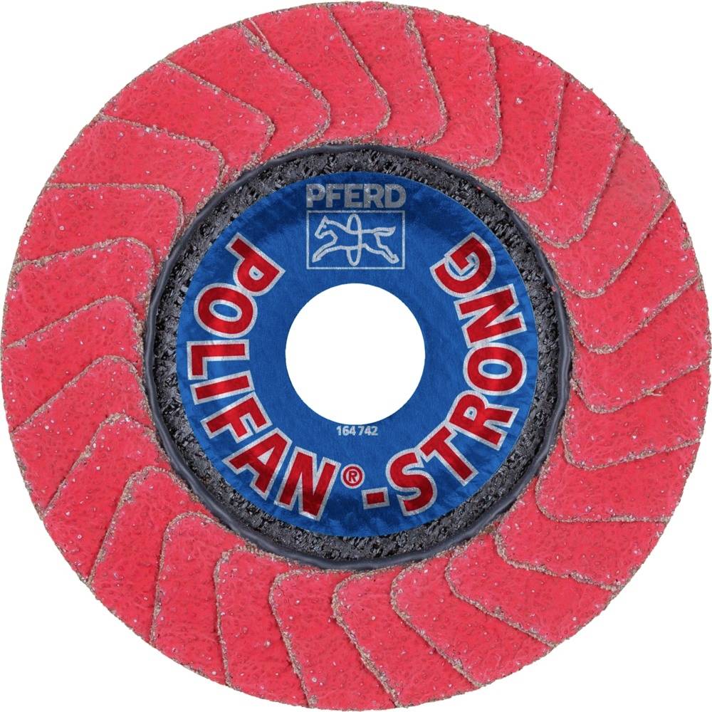 'POLIFAN-STRONG' Schleifscheibe von PFERD, rote Lamellen mit blauer Nabe. Hochleistungsschleifmittel für industriellen Einsatz.