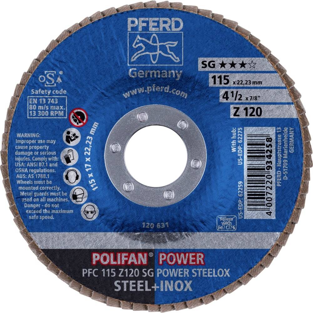 PFERD 67789116PFC 115 Z 120 SG POWER STEELOX Fächerschleifscheibe Durchmesser 115mm Bohrungs-Ø 22.23mm Edelstahl, Stahl 10St.