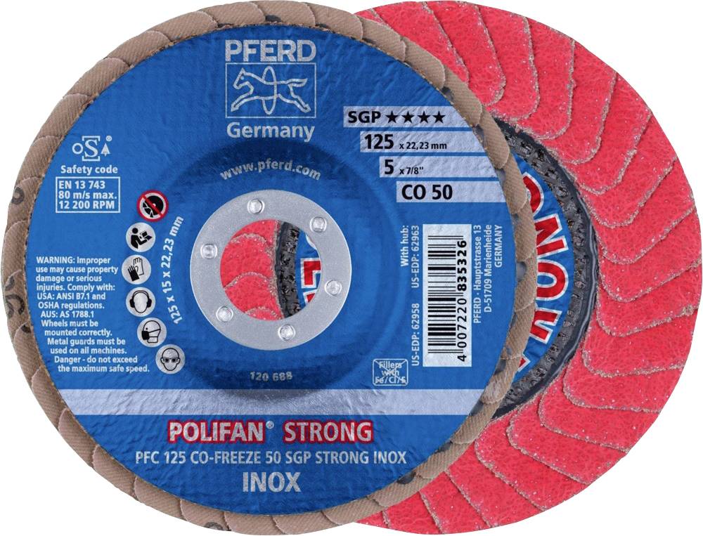 PFERD TOOLS 67789125PFC 125 CO-FREEZE 50 SGP STRONG INOX Fächerschleifscheibe Durchmesser 125mm Bohrungs-Ø 22.23mm