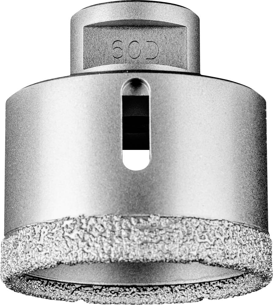 Metallbohrkrone mit diamantbeschichtetem Rand, zylindrische Form. Oberseite gekennzeichnet mit '60D'. Verwendet zum Bohren in harte Materialien.