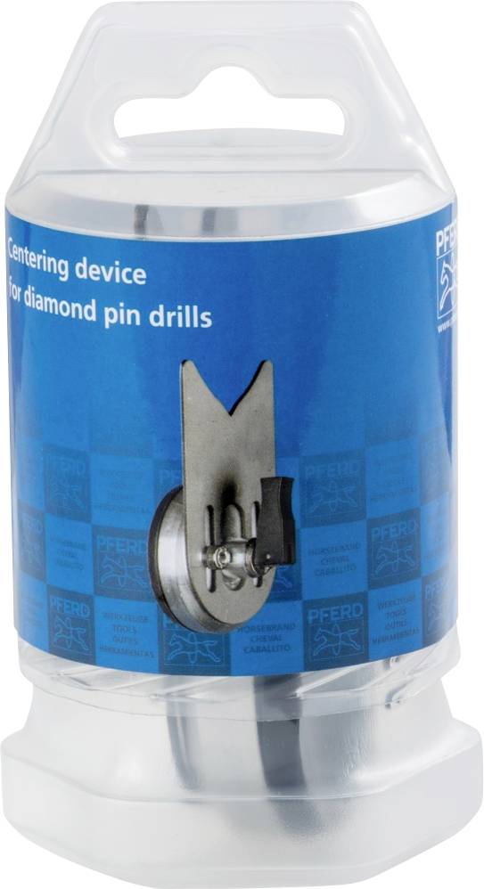 Eine durchsichtige Kunststoffverpackung zeigt ein Zentriergerät für Diamantschleifer.