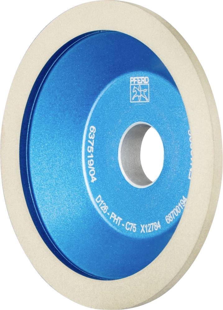 Blau-weiße Schleifscheibe mit Aufschrift auf blauem Bereich, Kreisform, im Hintergrund neutral.