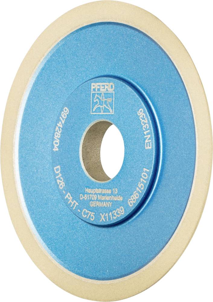 Blau-weiße Schleifscheibe mit Aufdruck der Marke.