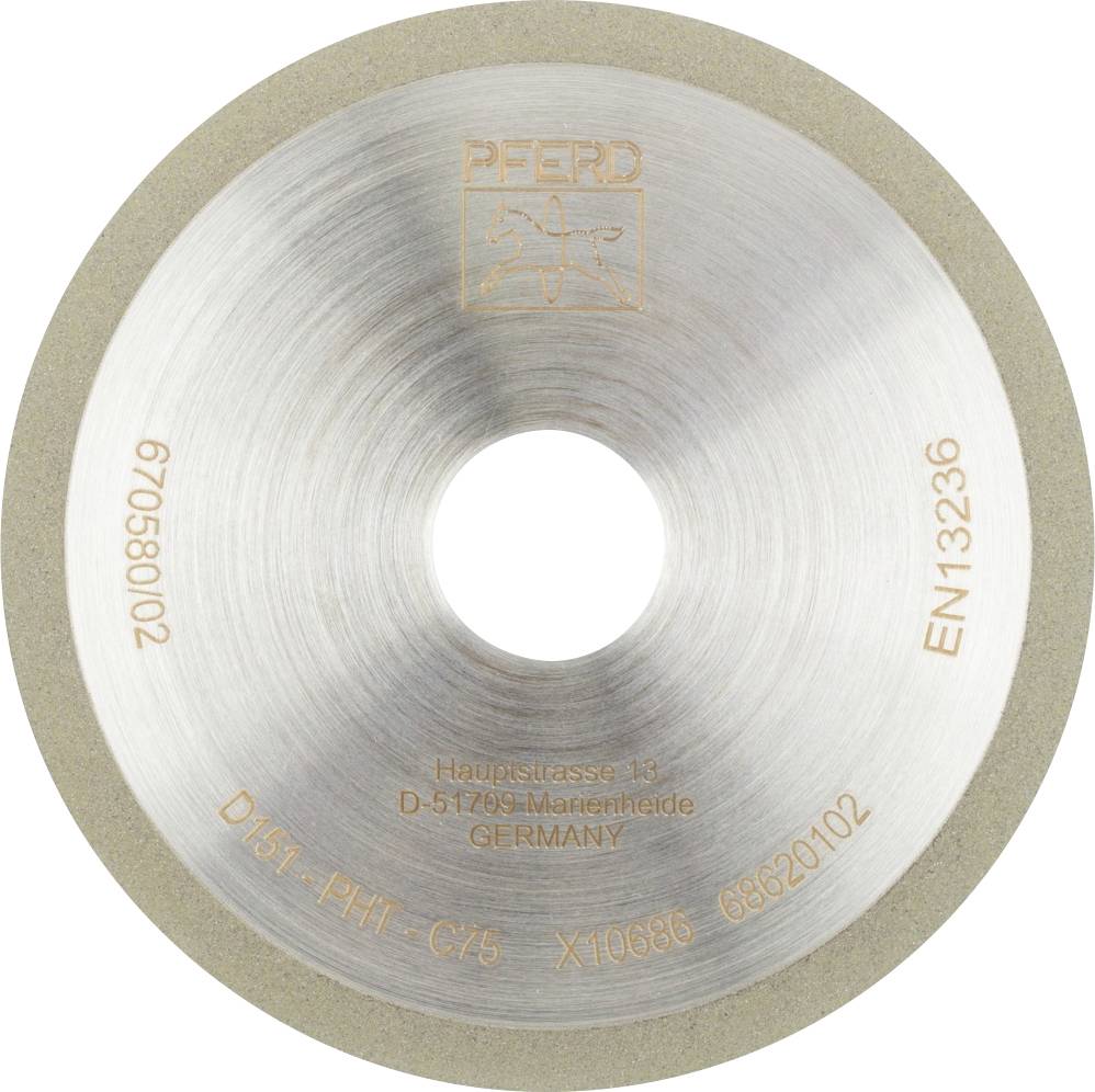 Schleifscheibe der Marke PFERD, mit Aufschrift 'D/151-IPHT-C75', zeigt technische Daten und Herstellungsinformationen.