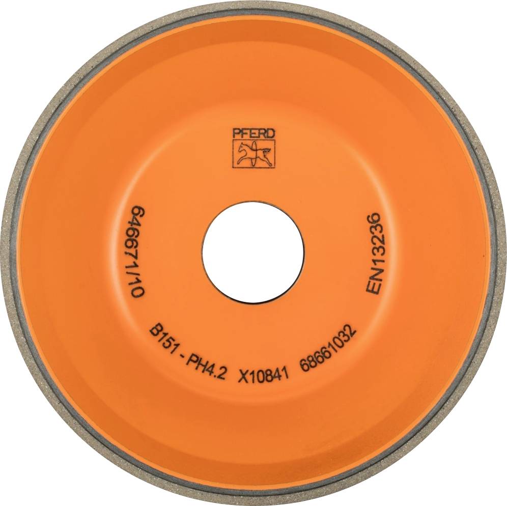 Eine orangefarbene Schleifscheibe mit schwarzer Beschriftung: '64667110', 'PFERD', 'B151-PH4.2', 'X10841', 'EN13236', '68661032'.