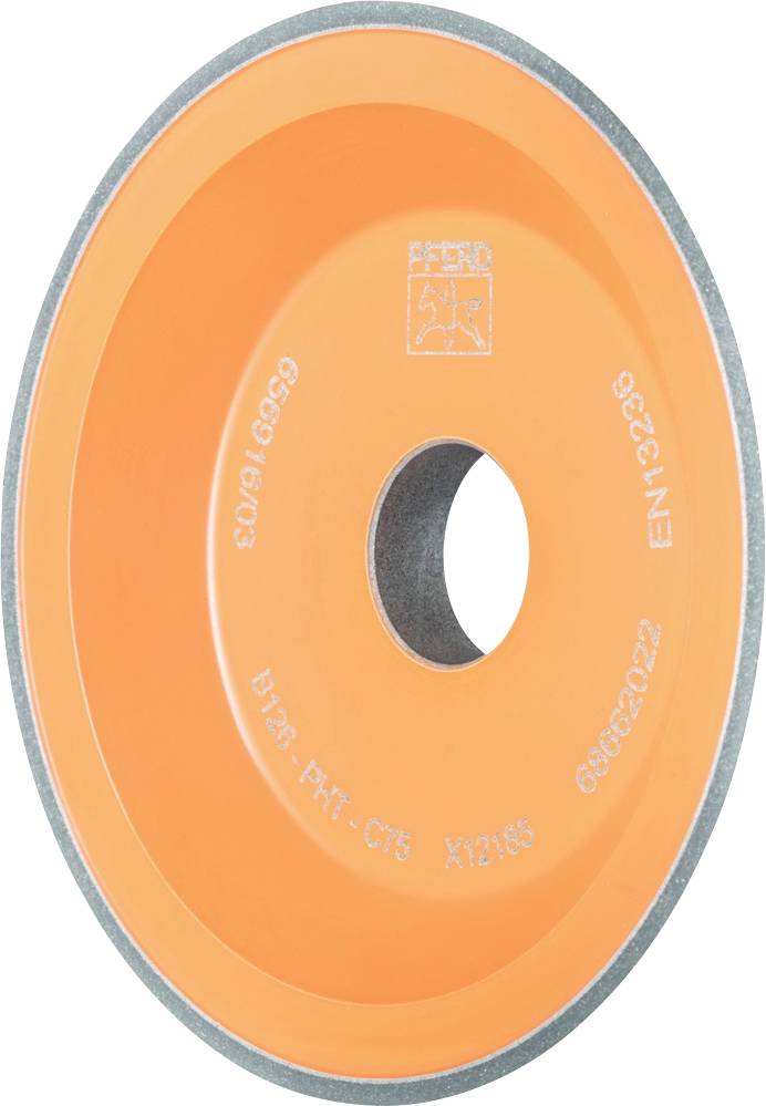 'Orange Schleifscheibe mit grauem Rand und Mittelloch, Markenname 'Pferd', Nummer 656916103 und diverse Spezifikationen aufgedruckt.'