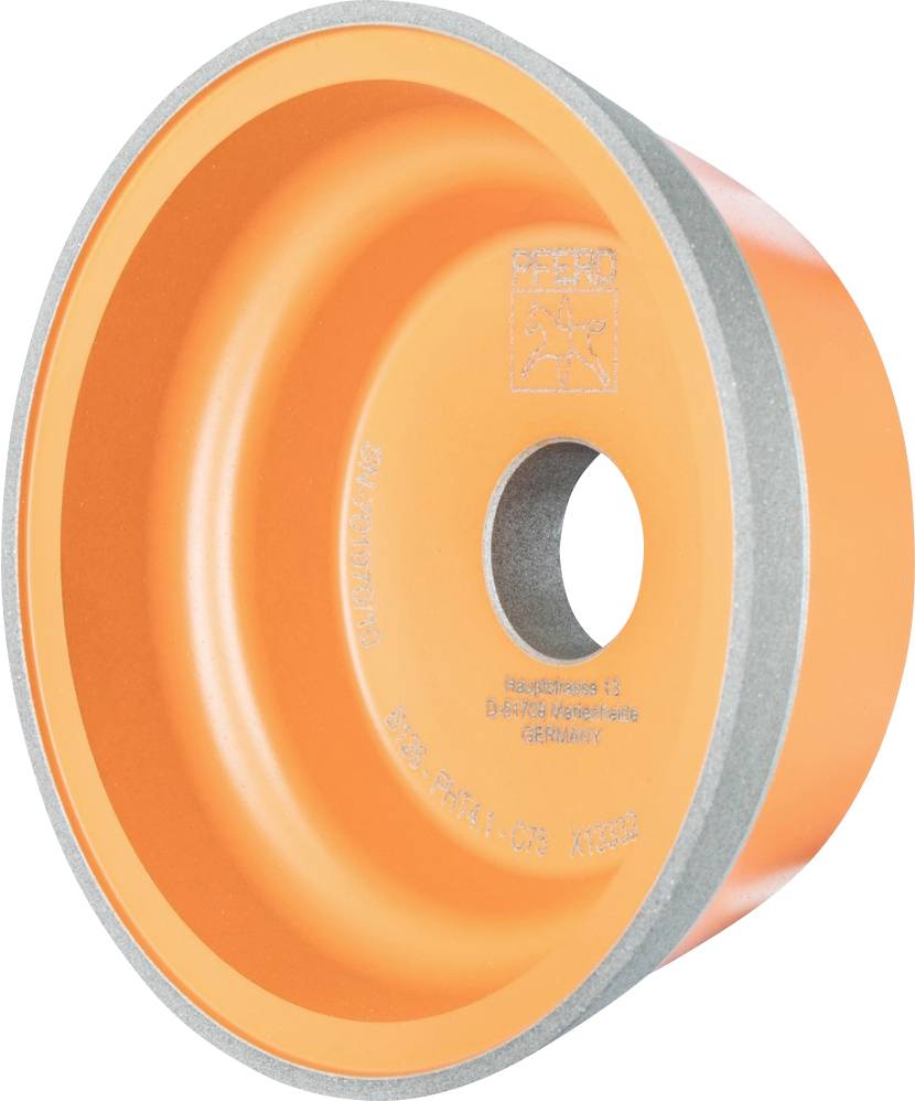 Orange Schleifscheibe mit grauem Rand und Aufdruck der Marke. Zylindrische Form mit zentralem Loch, geeignet für Schleifmaschinen.