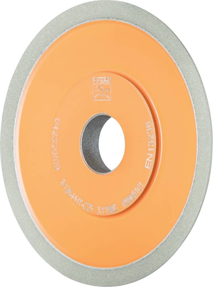 Schleifscheibe mit orangefarbenem Mittelteil und grauem Rand. Beschriftung 'EN13236' und 'E 2322099' sichtbar. Werkzeug für Schleifarbeiten.