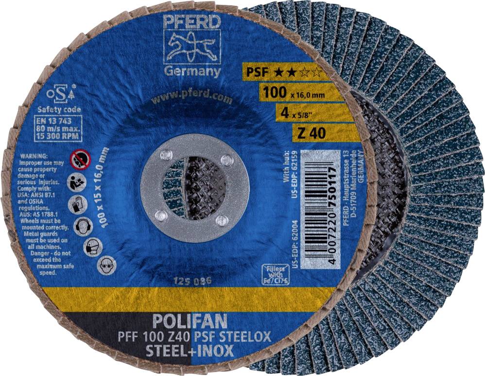 Zwei Flap-Discs aus Stahl-Inox von PFERD, Deutschland. Markierungen: PSF Z 40, Maße 100 x 15 x 16 mm, maximale Drehzahl 15.300 U/min.