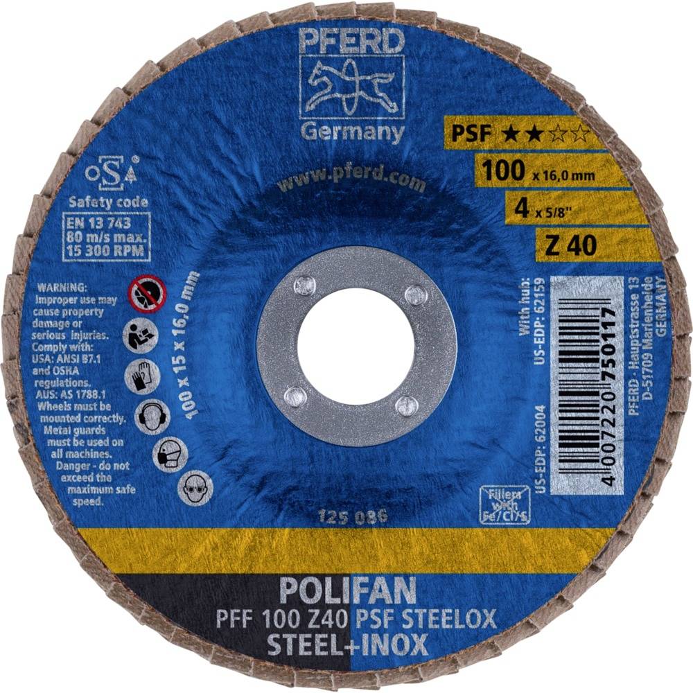 PFERD 69300660PFF 100 Z 40 PSF STEELOX/16,0 Fächerschleifscheibe Durchmesser 100mm Bohrungs-Ø 16mm Edelstahl, Stahl 10St.