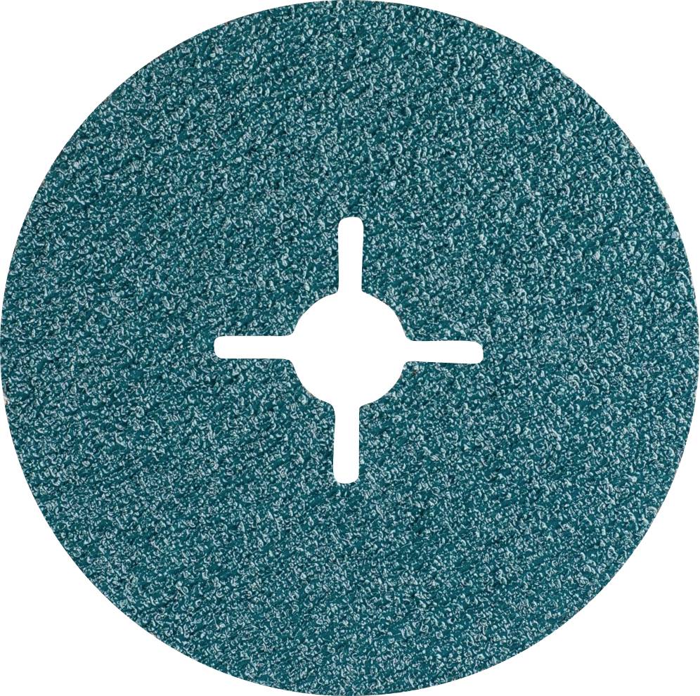 Schleifscheibe mit grün-blauer Oberfläche, rund mit kreuzförmiger Öffnung in der Mitte, für industrielle Schleifarbeiten.