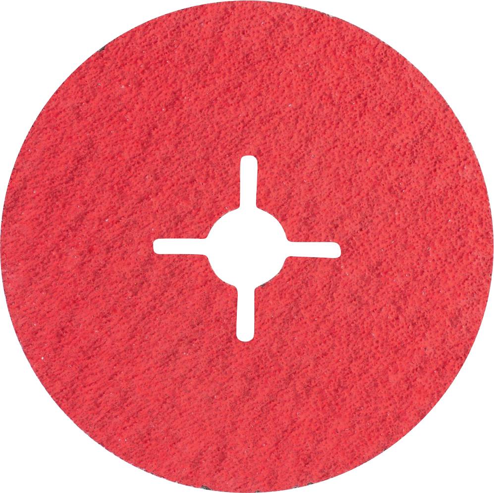 Ein rundes, rotes Schleifpapier mit einem Kreuzschlitzmuster in der Mitte für industrielle Schleifmaschinen.