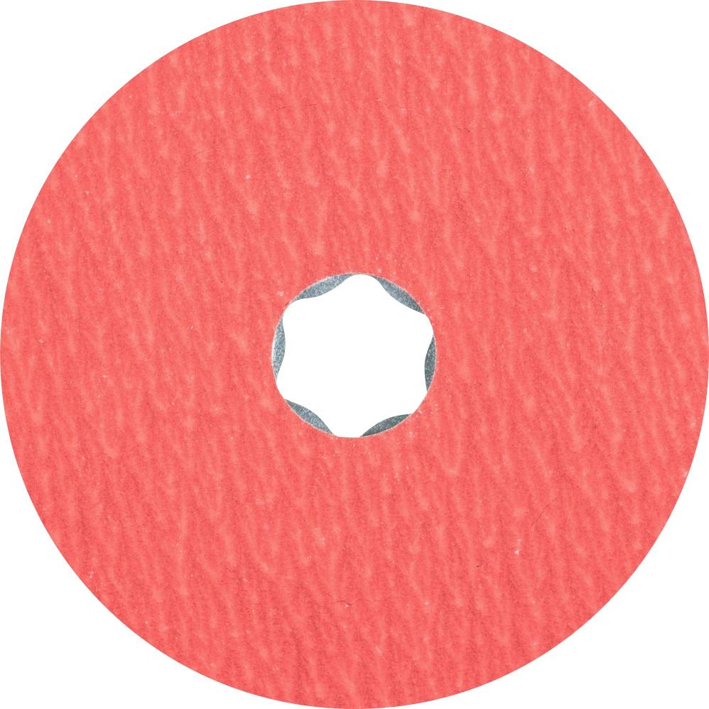 Rotes Schleifscheibenpapier mit einem zentralen Loch, vor einem weißen Hintergrund. Ideal für Schleifarbeiten an verschiedenen Materialien.