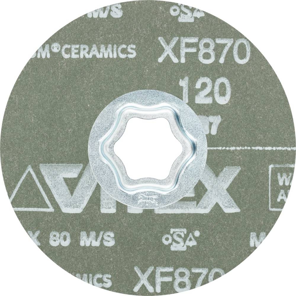 Schleifscheibe mit der Aufschrift 'VSM CERAMICS XF870 120'. Sie ist rund und hat ein zentrales Loch für die Montage auf Werkzeugen.