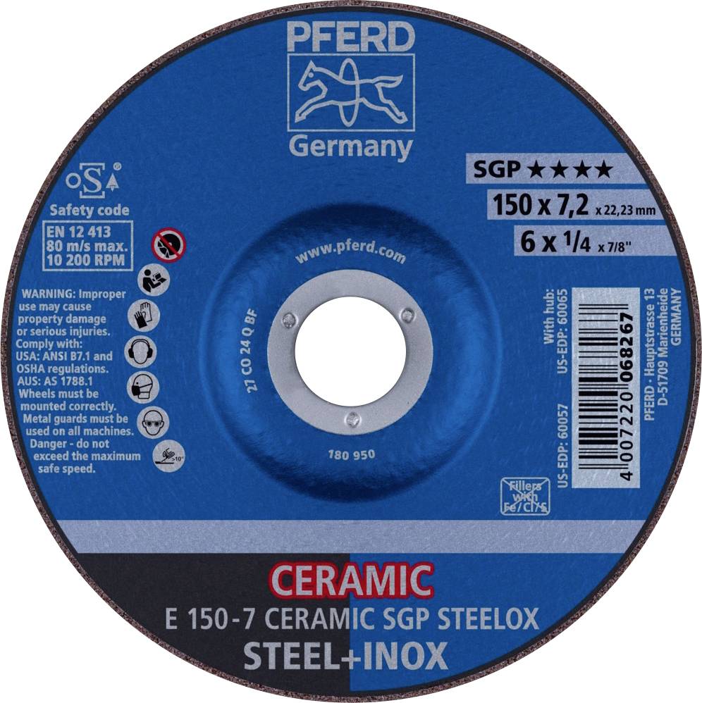 PFERD 69901759 E 150-7 CERAMIC SGP STEELOX Schruppscheibe gekröpft Durchmesser 150mm Bohrungs-Ø 22.23mm Edelstahl, Stahl 10St.
