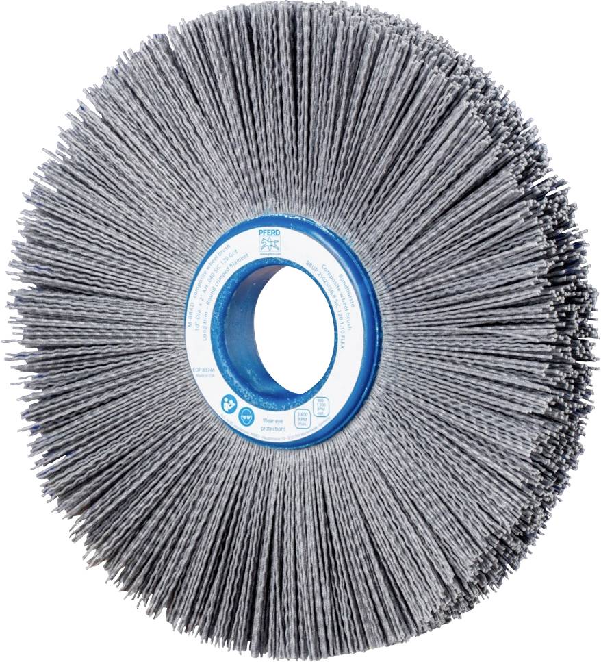 Runde Schleifscheibe mit Borsten aus grauem Material, zentraler blauer Aufsatzring. Wird zum Entgraten oder Polieren verwendet.