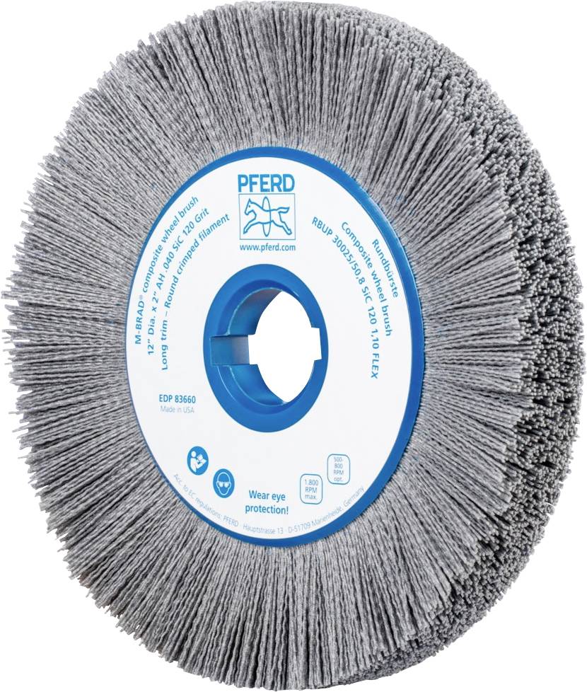 Graue Topfbürste der Marke Pferd mit blauem Innenring, Aufschrift 'Wear eye protection!'.