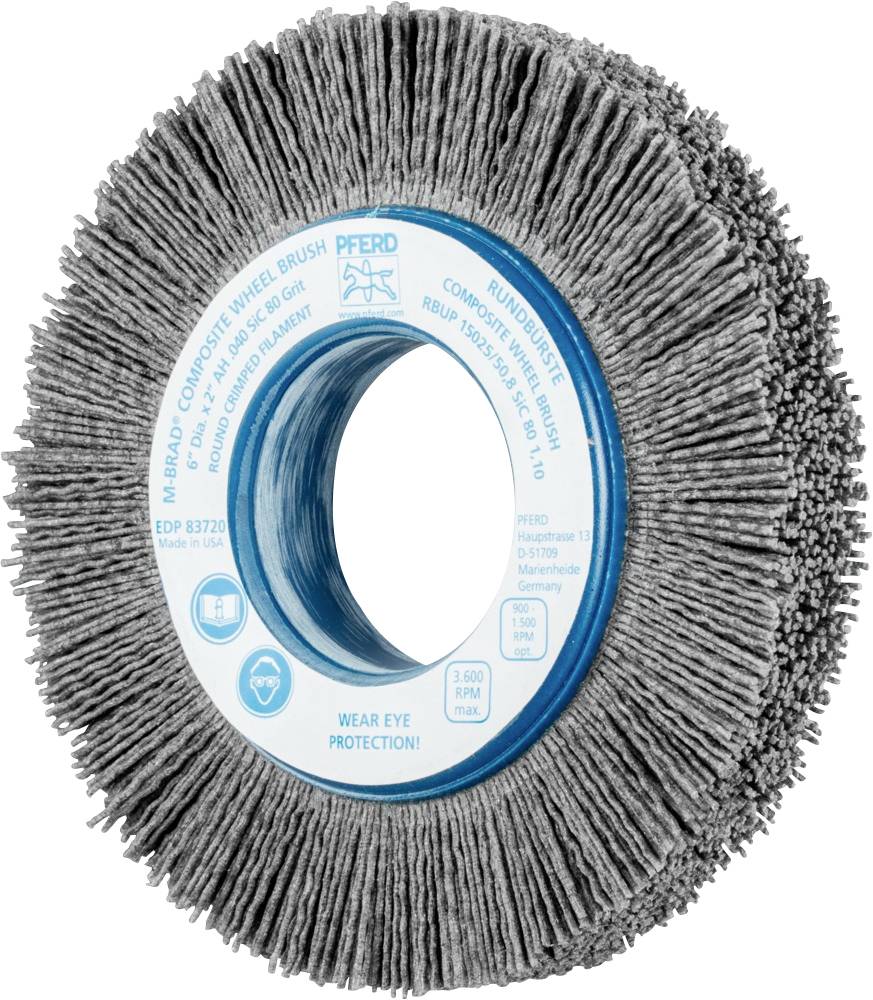 Runde Schleifscheibe mit borstiger Oberfläche aus grauem Material und blauem Zentrum. Darauf stehen Sicherheits- und Produktinformationen.
