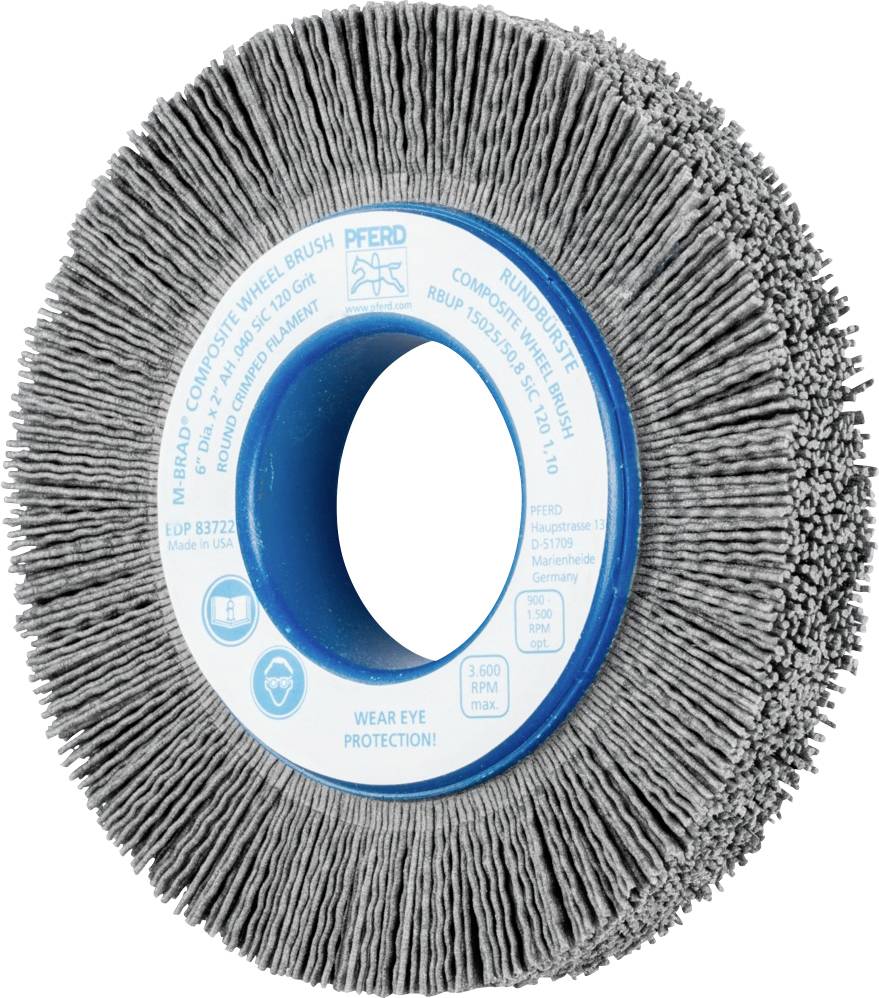 Runde Schleifscheibenbürste mit blauen Kunststoffkern und grauen Borsten, markiert mit Sicherheitshinweisen: 'Augenschutz tragen'.