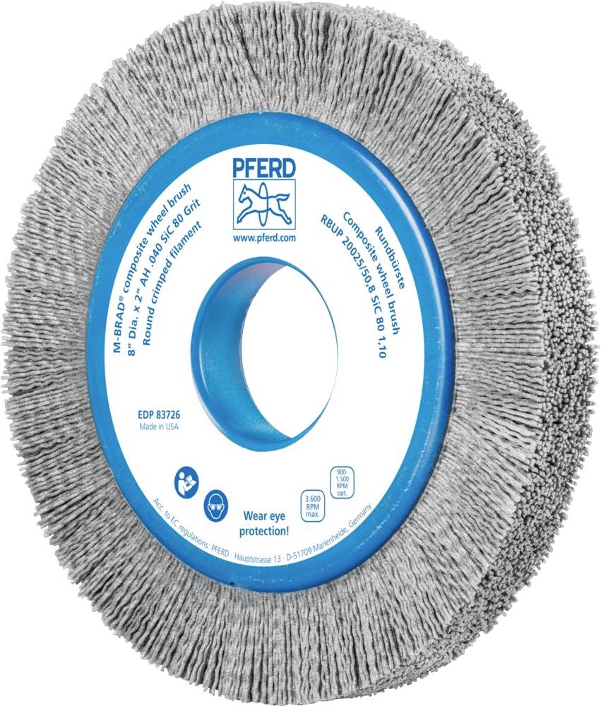 Runde Schleifscheibe mit blauen Mittelteil, Beschriftung, grauen Borsten. Warnhinweis zum Augenschutz.