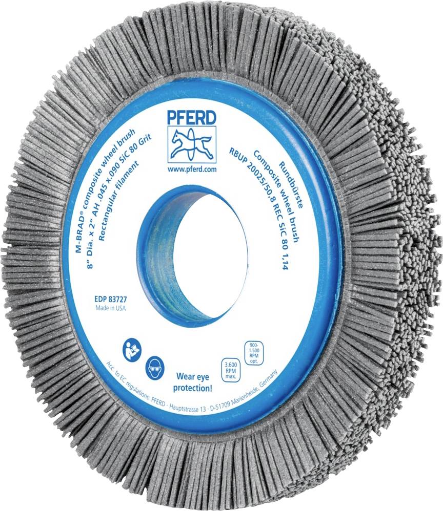 Runde Schleifscheibe mit blauen Kern und grauen Borsten. Text: 'Wear eye protection!' und Logos.