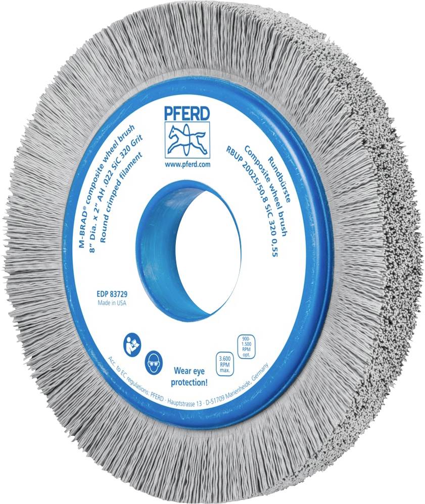 'PFERD Rundbürste', graue Borsten auf blauem Kunststoffkern, Text: 'Wear eye protection!', Sicherheitshinweis.