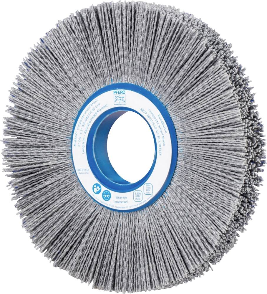 Eine graue Schleifscheibe mit blauen Akzenten und Beschriftung in der Mitte, genutzt für Oberflächenbearbeitung und Polieren.