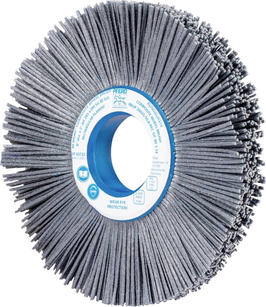 Graue Schleifbürste mit blauen Kunststoffkern und radial angeordneten Borsten.