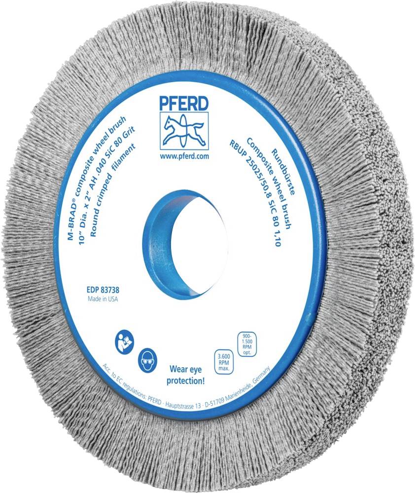 Runde Schleifscheibe mit grauen Borsten und blauer Mitte. Enthält Sicherheitswarnung: 'Augenschutz tragen'.