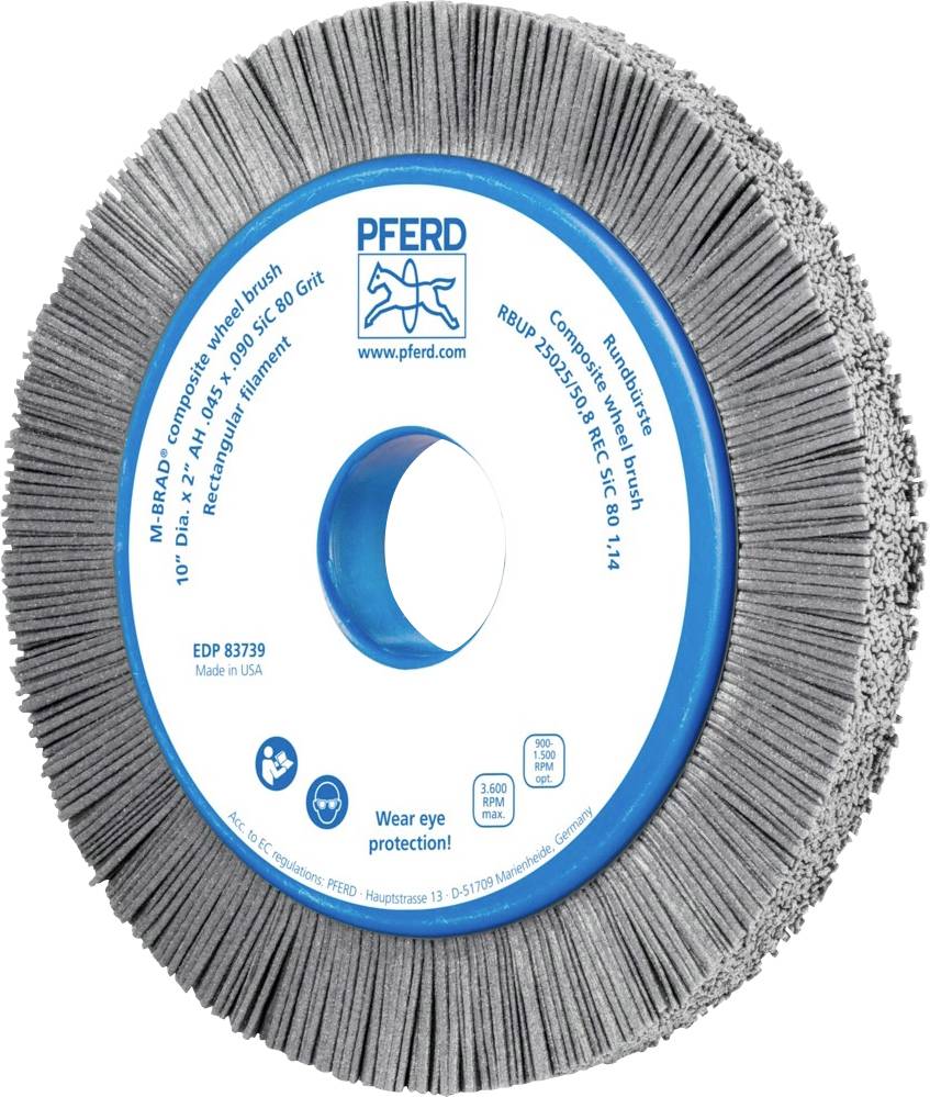 Eine rotierende Bürste von Pferd, mit grauen Borsten und blauer Mitte. Text informiert über Schutzbrillenpflicht beim Gebrauch.