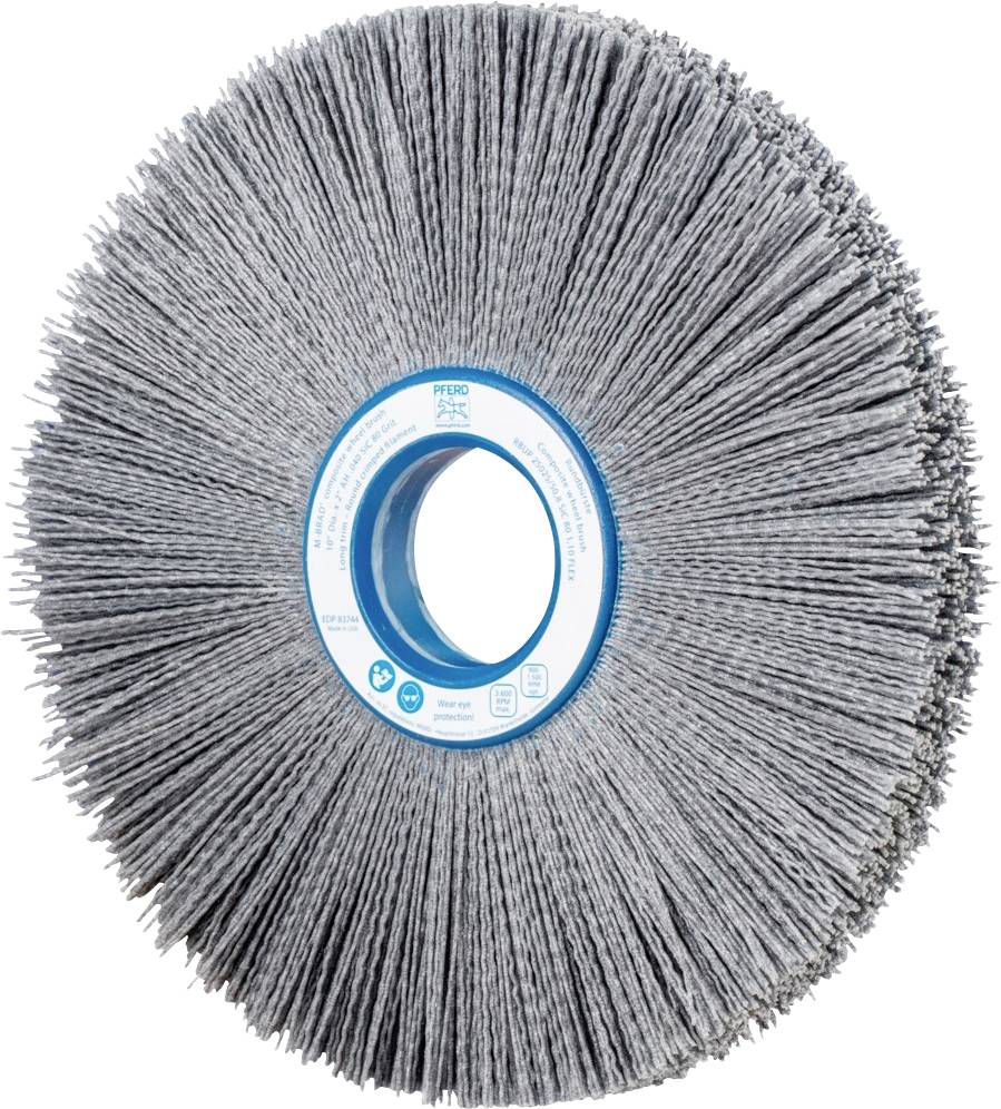 Graue Schleifscheibe mit blauen Details in der Mitte, bestehend aus feinen Borsten, vermutlich für industrielle Schleif- oder Polierarbeiten.