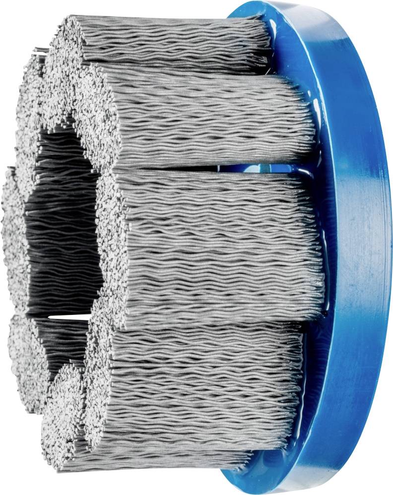 Eine rotierende Drahtbürste mit Metallborsten, die zur Reinigung oder zum Polieren von Oberflächen eingesetzt wird.