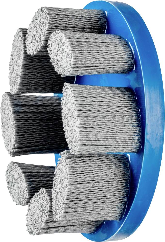 Eine blaue Schleifscheibe mit grauen Borsten. Sieben runde Borstenbündel sind gleichmäßig auf der Scheibe verteilt.