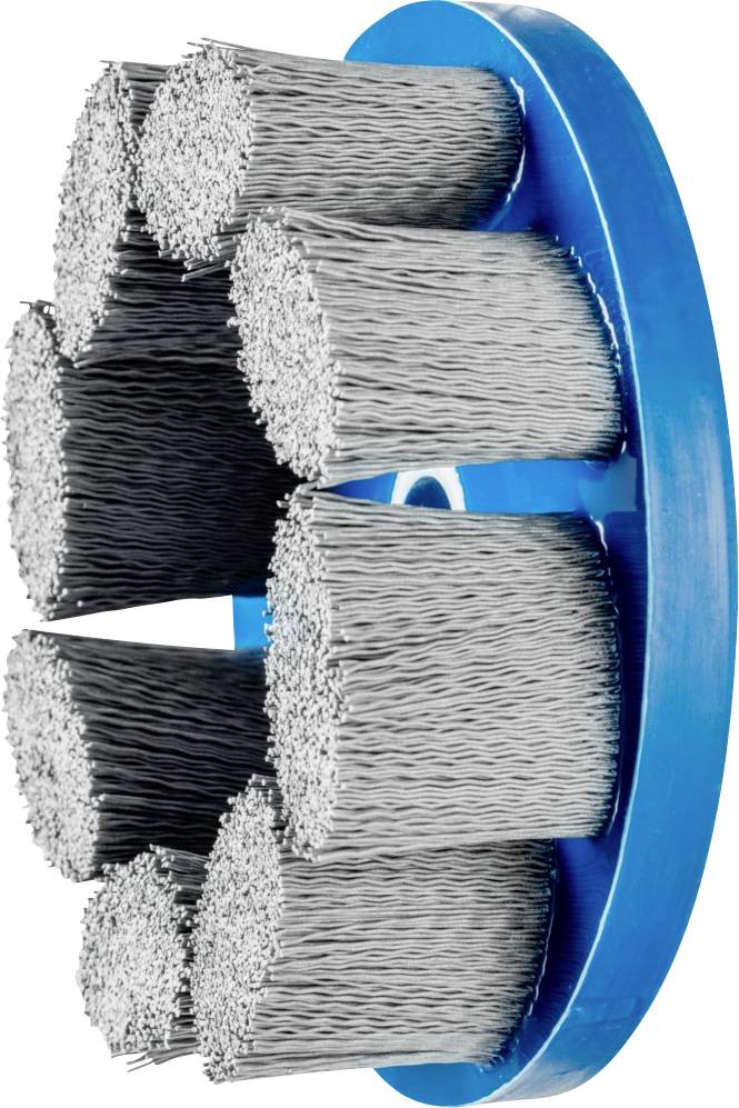Eine runde Drahtbürste mit mehreren Bündeln metallischer Borsten, montiert auf einer blauen Scheibe, zum Reinigen oder Abtragen.