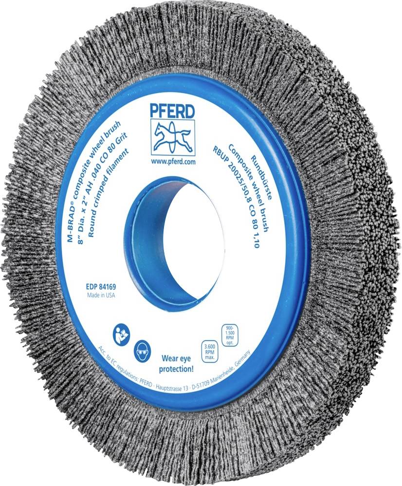 Topfbürste mit blauen Kunststoffelementen und grauen Borsten, geeignet für Oberflächenbearbeitung. Aufdruck: 'Wear eye protection!'