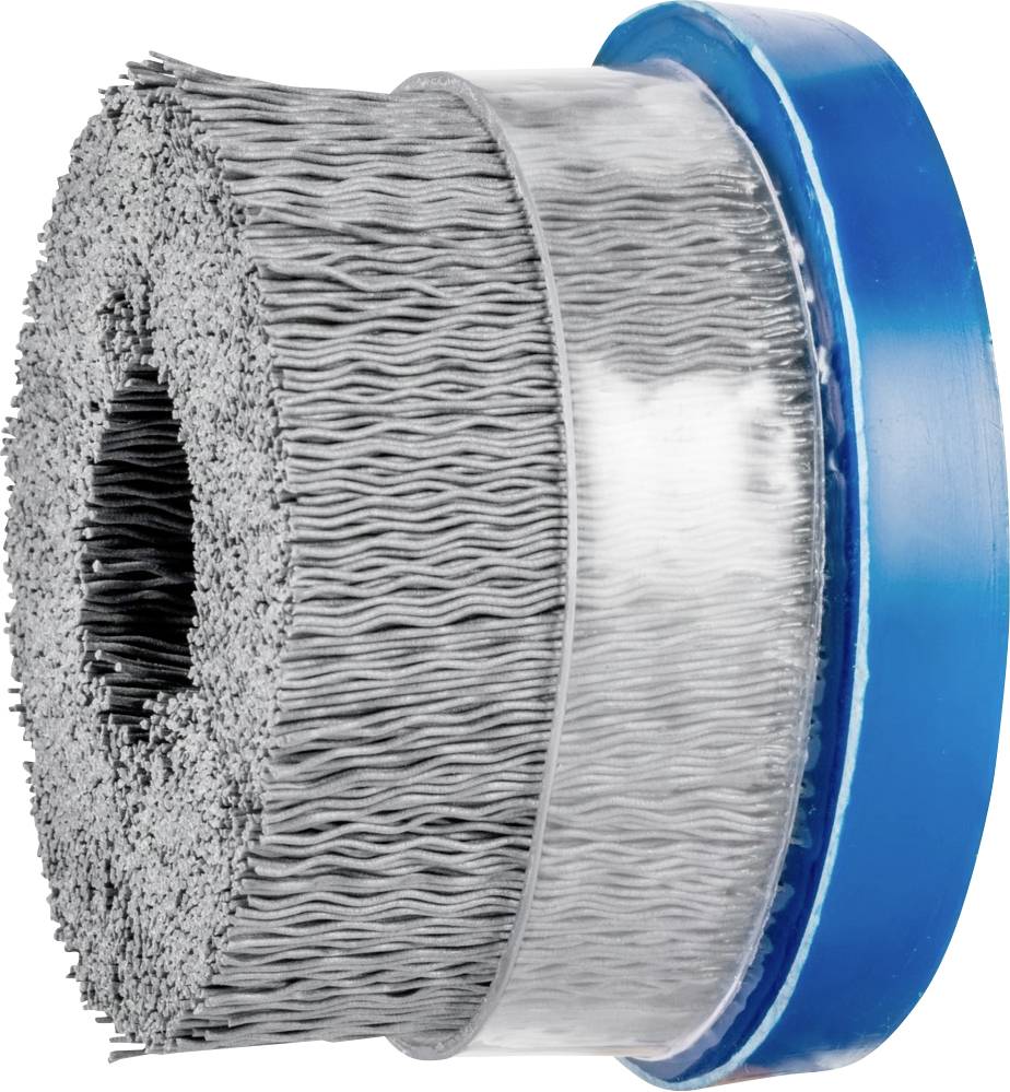 Eine rotierende Drahtbürste mit Metallborsten und blauer Basis, geeignet für Polierarbeiten und Entgraten in der Metallbearbeitung.