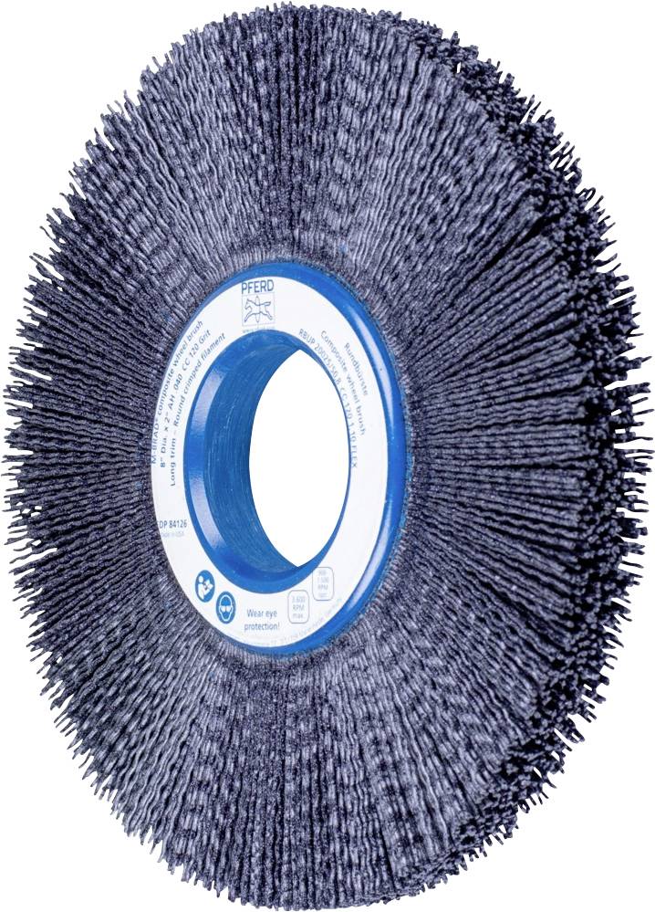 Eine runde Drahtbürste mit blauen und grauen Borsten zur Reinigung oder Oberflächenbearbeitung.