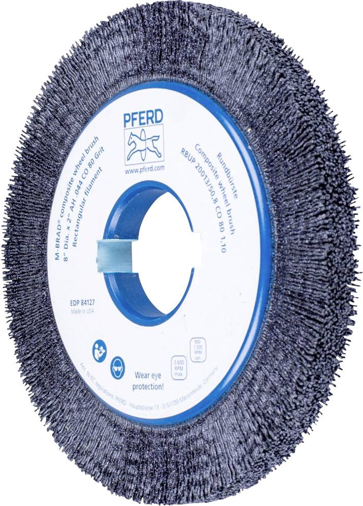 Eine korrosionsfreie Rundbürste mit blauem Mittelteil, geeignet für den Einsatz auf Metalloberflächen, mit Sicherheits- und Gebrauchshinweisen.