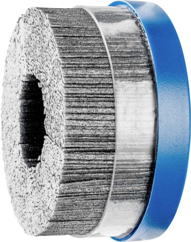 Schleifscheibe mit blauen Seitenrand und feinem, grauem Schleifmaterial in der Mitte, typisch verwendet für Polierarbeiten.