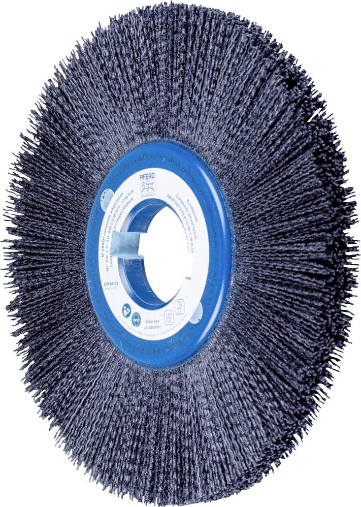 Runde Schleifbürste mit blauen und schwarzen Borsten, geeignet für Oberflächenbearbeitung und Reinigung von Metall.