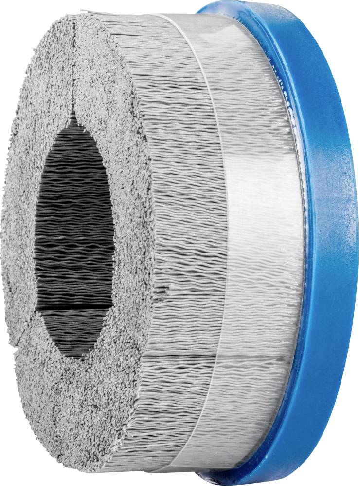 Eine runde Drahtbürste mit blauen Seitenflanschen, deren Borsten radial um einen zentralen Hohlraum angeordnet sind.