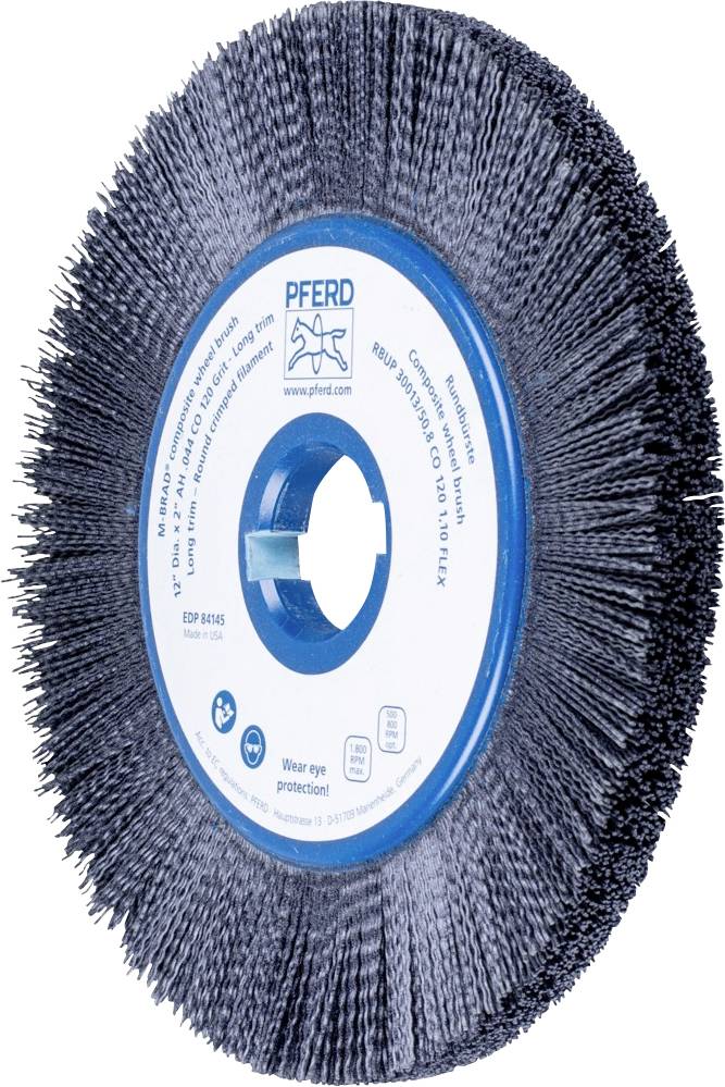 Eine runde Bürste mit blauen Borsten und einem blauen Zentrum, gekennzeichnet mit 'PFERD'. Geeignet für Metallbearbeitung.