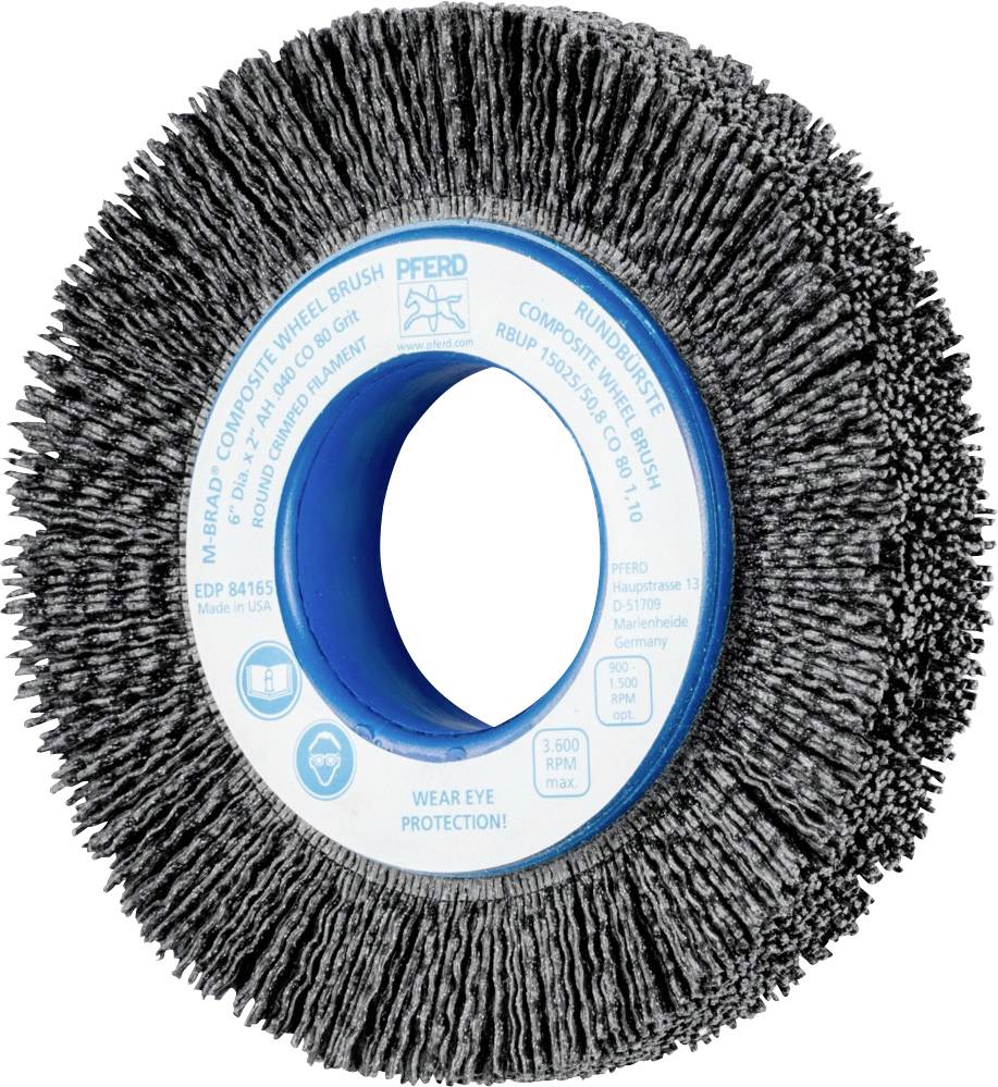 Grau-schwarze Rundbürste mit blauer Mitte. Hinweis: 'TRAGEN SIE AUGENSCHUTZ!' auf der blauen Fläche.