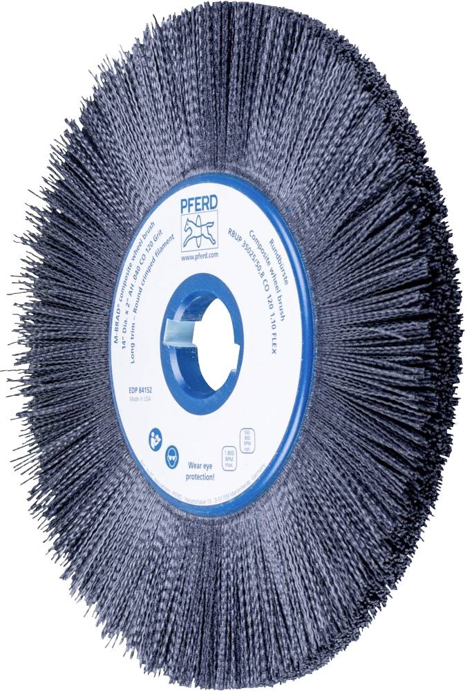 Schleifbürste mit blauen Borsten, rundem Metallkörper und weißem Etikett mit Aufschrift 'Pferd' in der Mitte, für Metallbearbeitung.